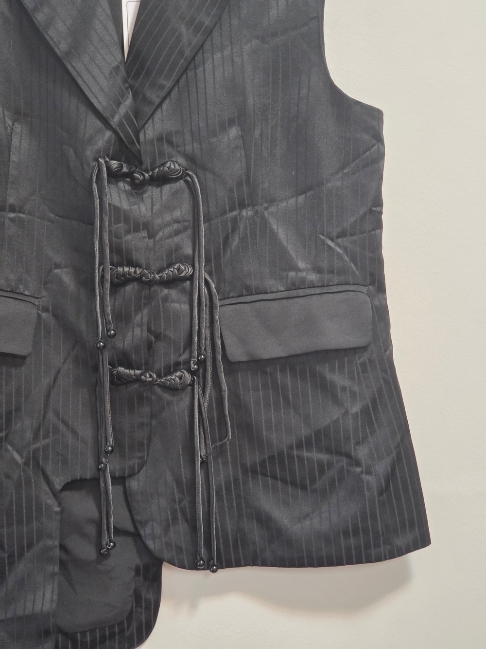F.Y.N Sleeveless Black Pinstripe Tie-Front Vest - Picture 3 of 10